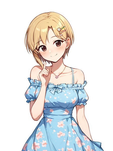 score_9,score_8_up,score_7_up, <lora:idolmaster_cinderella_all:1>ï¼1girl, aiba yumi, bare shoulders, blonde hair, blue dress, blush, brown eyes, closed mouth, collarbone, commentary request, floral print, frilled dress, hairclip, hand up, head tilt, necklace, off-shoulder dress, parted bangs, print dress, puffy short sleeves, smile, solo,