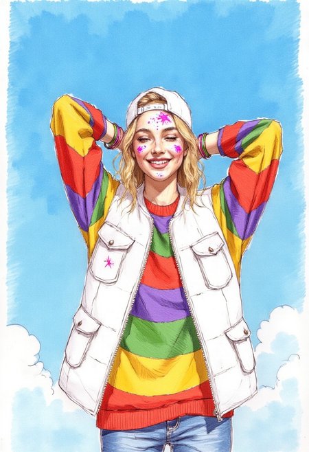 charcoal drawing sketch of a young blond woman against a blue sky, with a playful and carefree expression. her face is covered in a variety of colorful paint splatters in shades of pink, purple, blue, green, and yellow, creating a whimsical and artistic look. she has her hands resting behind her head, and her eyes are gently closed, suggesting a moment of relaxation or contentment. she is wearing a white baseball cap turned backwards, which matches her casual attire. her outfit includes a colorful, multi-striped sweater with horizontal bands of red, orange, yellow, green, blue, and purple. over the sweater, she has a white, quilted vest with pockets, adding a textured layer to her outfit. her wrists are adorned with multiple colorful bangles in various hues, adding a bohemian touch to her look. the sky behind her is clear with subtle clouds, providing a natural and vibrant background that complements her colorful appearance. the overall mood of the scene is joyful and free-spirited, capturing a moment of youthful exuberance and creativity.