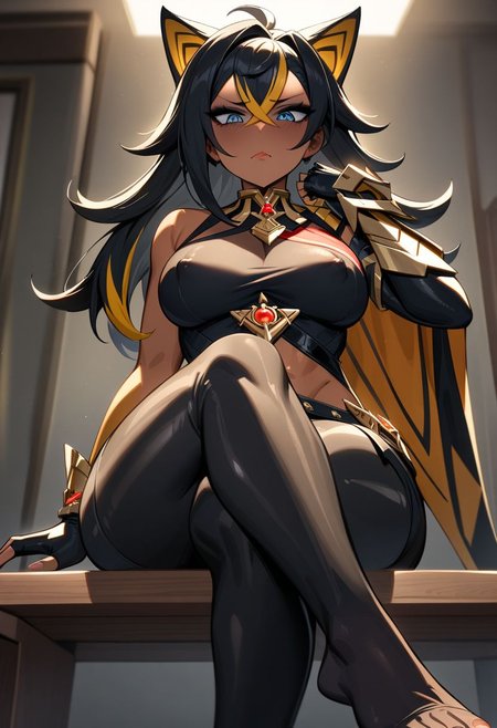 masterpiece,best quality,very aesthetic,absurdres,ultra detailed,nsfw,full shot,front view,from below,
1girl,solo,full body, ,x hair ornament,hair ribbon,large breasts,covered nipples,sitting,crossed legs,presenting foot,looking at viewer,looking down,closed mouth, disgust,shaded face,skin tight, black tighhighs,no shoes,feet,toes , sitting on bench,
Ultra ears, cat ears, fluffy,
long hair, breasts, bangs, blue eyes, blonde hair, black hair, gloves, navel, animal ears, hair between eyes, jewelry, medium breasts, heart, multicolored hair, black gloves, midriff, pants, dark skin, fingerless gloves, stomach,  dark-skinned female, streaked hair, hand on hip,  halterneck, black pants,  crossed bangs, asymmetrical clothes, asymmetrical gloves,  single pantsleg, 
wide hips, pantyhose , expressive eyes, perfect face,((beautiful eyes)),(((perfect female body))), shiny skin, super idol face, intricate details, (perfect lighting), highres, flush lips, perfect lips, black eyeshadow, thick thighs, thighs ass, indoor, light particle, tanned girl, dark skinned female, dehya /(Genshin impact)/
