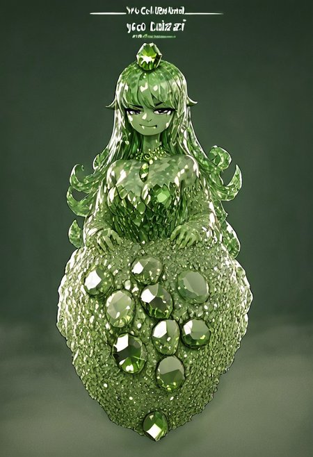 score_9, score_8_up, score_7_up, score_6_up, score_5_up, score_4_up, source_anime,  , dazzi, monster girl, cheeky smirk,YOUR TEXT made of hud_per1d0t_wrld, green gemstone, crystal, gem, shiny