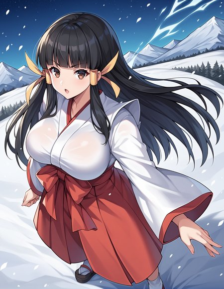 score_9, score_8_up, score_7_up, score_6_up, score_5_up, score_4_up, source_anime, rating_explicit, BREAK <lora:maoriKasugaXL_LoRA-C3Lier_AdamW_Dim8_Alpha8_UN-3e-4_TE-1.5e-4_10batch_ponyDiffusionV6XL_v6StartWithThisOne:1>, maori kasuga, 1girl, black hair, long hair, blunt bangs, brown eyes, large breasts, hair tubes, hair ribbon, hair tubes, hair ribbon, miko, red bow, hakama skirt, red skirt, aura, wind, open mouth, serious, dutch angle, from above, standing, eye focus, looking at viewer, facing viewer, mountainous horizon, night, night sky, winter, snow, snowing