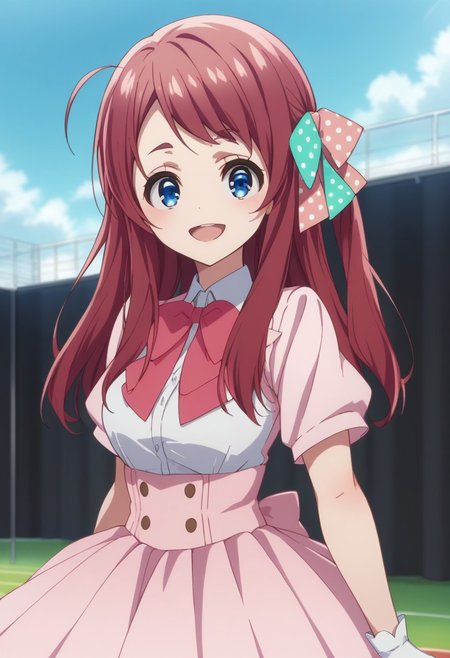 score_9, score_8_up, score_7_up, source_anime, highly detailed, 
sakuraminamoto, 1girl, solo, gloves, skirt, blue eyes, white gloves, bow, red hair, long hair,
upper body, short sleeves, polka dot, pink bow, pink skirt, pleated skirt,
hair bow, bowtie shirt, standing, open mouth, pink bowtie, 
looking at viewer, skirt, ahoge, polka dot bow, smile,
outdoor, stage,