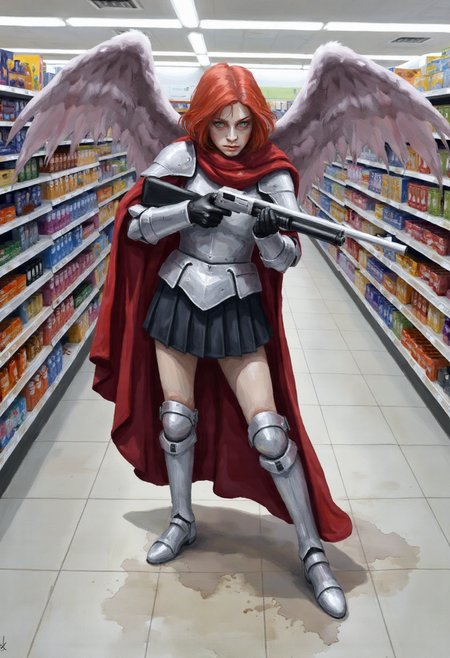 watercolor of, A red-haired angel with striking emerald eyes, dressed in shining silver plate armor, stands in the fluorescent-lit aisle of a Wal-Mart, her wings folded behind her. She holds a pump-action shotgun, the cold metal of the weapon contrasting with the polished armor that gleams under the harsh store lighting. Her expression is stern as she aims the shotgun down the aisle, past shelves stocked with cereal and soda. Her crimson cloak flutters slightly as if caught by a breeze, her armored boots firmly planted on the tiled floor, leaving smudged dirt behind her from a recent battle.