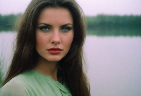 CinematicPortrait woman analog photo brunette  slavic   masterpiece outdoors, (glossy  lipstick), green eyes, (foggy lakeside), soft focus, depth of field, film grain, (((looking at viewer))) <lora:CinematicPortraitXL_v3:0.35>  <lora:EuroBabe-v4-XL:0.25>