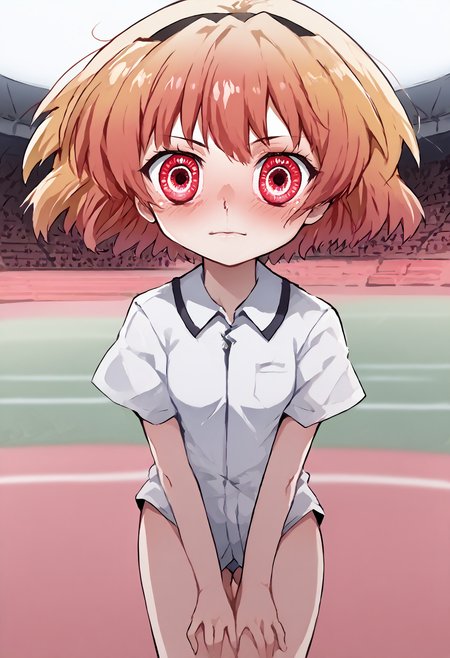 score_9, score_7_up,  source_anime, uncensored, flat color, vector trace,  zPDXLxxx, <lora:intricate_details:0.5> intricate_details_xl, running track, (charged:1.1), ancient, fruit background,  wide shot, eye focus, music video,
1girl, solo, li, small breasts, gradient hair, heart hair bun, asymmetrical bangs, hair pulled back, short hair, looking at viewer, Undone sarashi, hands between legs, intense stare,
<lora:Higurashi_Looper_Eyes_v1.1:1> looper eyes, red eyes, glowing eyes, symbol-shaped pupils, eye reflection  <lora:Orenji_v3:1> orenji
