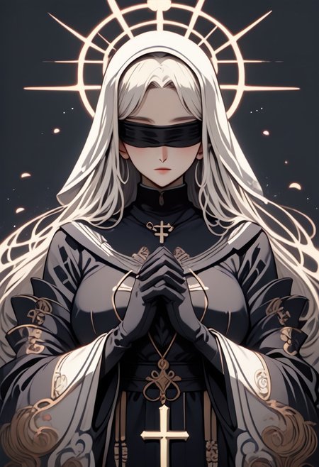 (score_9, score_8_up), score_7_up, 1girl, long hair, large breasts, simple background, gloves, long sleeves, white background, dress, jewelry, upper body, white hair, black gloves, hood, wide sleeves, necklace, black dress, blindfold, halo, own hands together, cross, veil, interlocked fingers, hood up, nun, own hands clasped, praying,, 
depth of field, blurry background, black background, dark, CINE, embers, UKIYO, MUCHA, ANIME