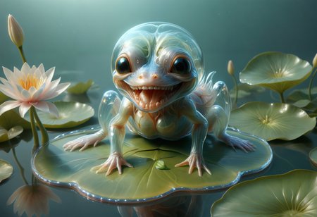 <lora:tranzp:1> tranzp style, a transparent creature with clear glass skin sitting on a lily pad in a lake <lora:cyberanatomy:0.5> cyberanatomy, blood vessels, intestines, colon, small intestine, guts, unidentifiable alien organs, nervous-system teeth, smiling,  <lora:artfullyALIEN_SDXL_V1:0.8> artln