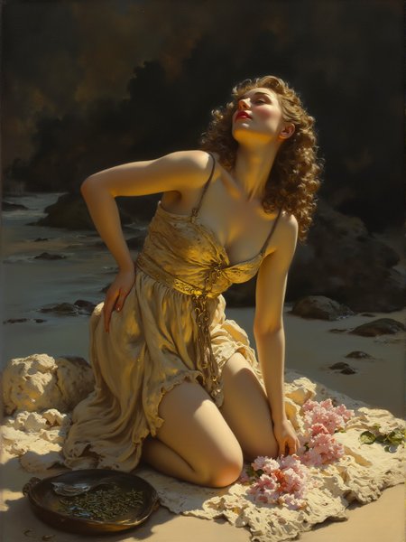 <lora:50s_Illustration_Style:0.8> Danish Social Realism painting. Full body view. Enlightenment theme. Mature contorted plump female supervillain, deep décolletage, kneeling in a goth beach setting. Intricate white and magnolia and bronze Voronoi details. Overall, the scene is smoky and is very detailed. Dramatic lighting illuminates the scene from the right. <lora:Hand v2:0.6> <lora:flux.1_lora_flyway_Epic-detail_v2:0.5>