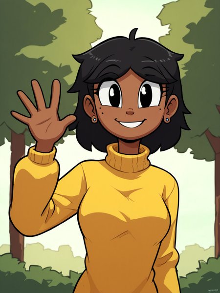 score_9, score_8_up, score_7_up,  score_6_up, BREAK, 0al3r1e, 1girl, solo, smile, black hair, black eyes, medium breasts, dark-skinned female, dark skin, earrings, mole under eye, yellow sweater, turtleneck, smile, upper body, raise left arm, day, outdoor, waving, looking at viewer, Volumetric Lighting  <lora:Valerie:1>