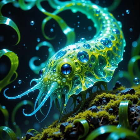 award-winning macro photo, short depth of field, hyper-realistic, dim lighting, twilight, bioluminescence, subsurface scattering, the minuscule "villainous bladebob" is an anderful mollusk-like ocean-dwelling creature living in the vast gorliflynx kelp woods on planet "xenowood quartus". it uses the discarded huge coiled shells of the "regal harbphlonk" as shelter. its beautiful semi-transparent body glimmers faintly with iridescent snugglequarks, allowing it to blend seamlessly with the faintly glowing kelp fronds. the creatures use their elongated, quoggering proboscis to extract nutrients from the sap of the gorliflynx kelp. their biome is a surreal underwater tapestry of flowing bioluminescent kelp strands, undulating in slow, hypnotic rhythms as shimmering gas bubbles rise from the seafloor fissures, highly detailed, intricate, detailed background, golden ratio, arsmjstyle, dnddarkestfantasy, in the style of ck-ovf, aidmafluxpro1.1, amanoer, <lora:style-yoshitaka_amano-elden_ring-flux-by_alicient:0.6> <lora:style-dnd_dark_fantasy-flux-by_arsmachina:0.6> <lora:style-oneviolentfantasy-ep21-flux-by_chronoknight:0.48> <lora:flux_pro1.1_detailer-v0.3-flux-by_aidma:0.56>