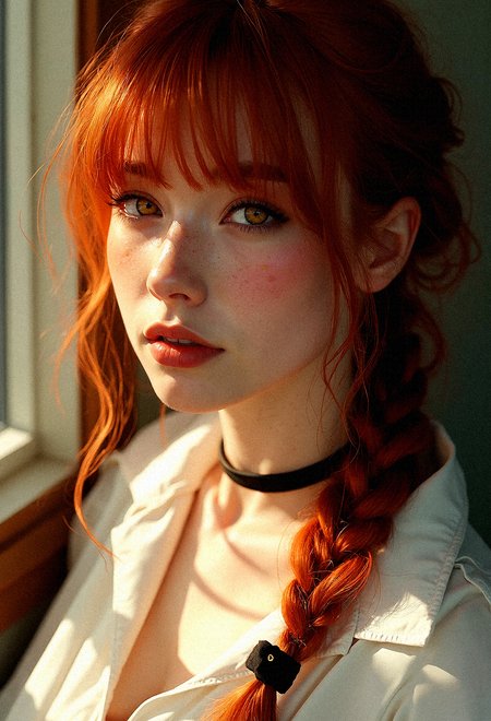 an ultra-realistic close-up image of a red-haired woman with bangs,  warm, amber eyes and a relaxed, introspective expression. Her hair is neatly braided and drapes over her shoulder, catching the sunlight that filters through an unseen window, giving her hair a rich, fiery glow. Her attire consists of a slightly unbuttoned white shirt that hints at an easygoing, yet polished style, with a black tie hanging loosely around her neck and a slim black choker accentuating her neckline. Her fair skin is illuminated by the soft, natural light, highlighting the faint blush on her cheeks and the fine details of her complexion. The background should be minimal, softly blurred to keep the focus on her expressive face and the gentle interplay of light and shadow. The overall mood is calm and intimate, with a focus on achieving a high level of photorealism that captures every detail, from the texture of her skin to the delicate strands of her hair.






