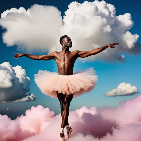 ethereal dreamlike photograph, achingly beautiful African boyish adult wearing a tutu ballet dancing on a cloud, vividly queer, high saturation