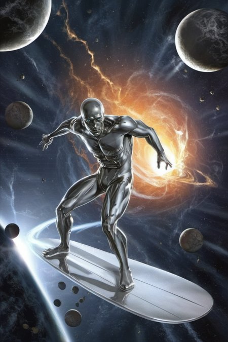 a silver sufer surfs in space, blackhole swallowing the earth in the background <lora:SilverSurfer1024:0.8>