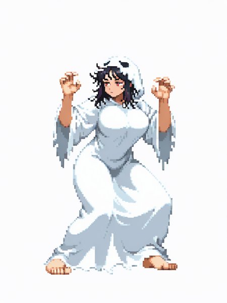 CapcomVsSnk,, white background,,
1girl, ghost costume, messy hair, large breasts, black hair, expressionless, hands up, baggy eyes,, looking at away, dynamic pose, full body, fighting stance, arms up,
 <lora:ACapVSsnk_Style:1.2>, pixel art,