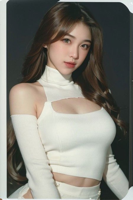 (masterpiece), best quality, expressive eyes, perfect face, solo,
long hair, wavy hair, silver hair, hazel eyes, large breasts, bursting breasts, turtleneck sweater, light smile, side boobs ,
portrait, white background, shadow,((film grain)),((polaroid)), blue background, standing