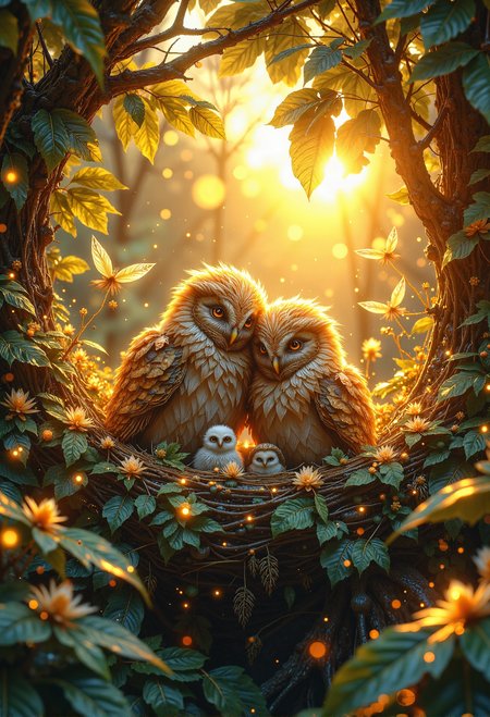 A serene forest scene at sunrise, with golden sunlight streaming through lush, vibrant leaves, illuminating a cozy nest cradled in the crook of a tree. In the nest, two fluffy, brown owls sit side by side, their soft feathers glowing warmly in the gentle light. Their eyes are closed, leaning into each other in a gesture of pure contentment. Surrounding them, tiny, ethereal baby owls flutter gently, their delicate, downy feathers catching the sunlight as they hover playfully. The atmosphere is magical and tranquil, with floating golden particles adding a dreamlike quality to the scene. <lora:Midjourney_Dreamlike_Fantasy_FLUX_LoRA.safetensors:0.65>,  <lora:Elden_Ring_-_Yoshitaka_Amano.safetensors:1.0>,  <lora:aiai-Glimra-Flux-Dev-v2.safetensors:0.5>,