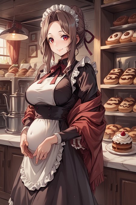 score_9, score_8_up, score_7_up, score_6_up, source_anime, BREAK, <lora:Mistel:0.8> , misdef, 1girl, long hair, brown hair, red eyes, hair bun, hair ribbon, ribbon, looking at viewer, smile, closed mouth, serene, large breasts, (mature woman), (maid outfit), maid headdress, red shawl, <lora:zy_Detailed_Backgrounds_v1:0.3> , detailed background, highly detailed, indoor, shop, bakery, clutter,  <lora:backgroundsetXL:0.4> , background,  <lora:Early_Pregnancy:1> , early pregnancy, baby bump, small belly, <lora:m31d0n0XLP:0.8> , m31d0n0, maid,