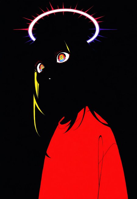 detailed background, best quality, very aesthetic, absurdres, traditional media, warm light style, masterpiece, solo, abstract, score_9, score_8_up, score_7_up, concept art, source_anime, extremely detailed, masterpiece ,amazing quality, intricate details , perfect eyes, from below, white and black background, flat colors, flat style, eerie, hauntingly beautiful, beautiful angel girl, yellow highlights, emerging from shadow, shadows, partially in shadow, shadows, dark, gothic theme, portrait, half of face, large wings,, leaning forward, fading, long hair, 1 girl, red motif, iridescent eyes, large eye, large flat halo, flat color, large red shirt, black background, wings, black lighting, thin black outline, thin white outline, sharp detail, masterpiece ,amazing quality, intricate details , soft palette, <lora:sowasowart_style-000016:1>, 
