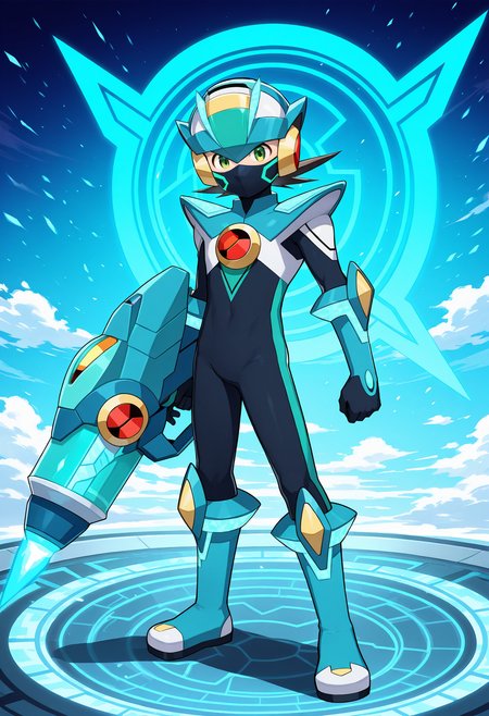 masterpiece,best quality,amazing quality,megaman.exe,x dive armor,fantasia comet,helmet,weapon,green eyes,male focus,1boy,armor,bodysuit,covered mouth,looking at viewer,standing,boots,blue footwear,solo,mouth mask,mask,blue armor,full body,shoulder cannon,black bodysuit,energy cannon,solo focus,gloves,shoulder armor,holding weapon,<lora:DiVE_Cross:1>,