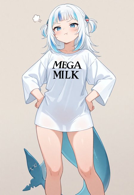 safe_pos, masterpiece, best quality, newest, highres, absurdres, 1girl, gawr gura, standing, small breasts, petite, Mega MIlk, pout, hands on own hips, oversize shirt