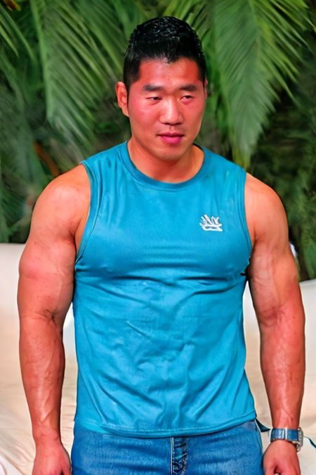 asian sexytrainer, wearing t shirt, light-blue jeans, realistic, masterpiece, intricate details, detailed background, depth of field, photo of a handsome, dynamic pose, sweaty, sidepec, exercise, natural face expression, detailed Hunter Kang face, fixed Hunter Kang face, big remarkable nipples covered by sleeveless shirt, lying on the bed in his room, east Asian face