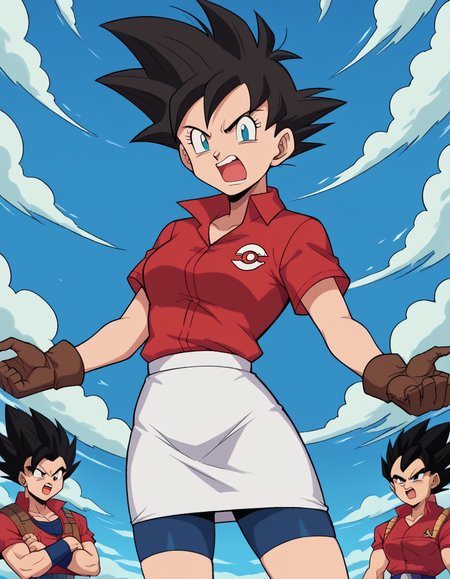 score_9, score_8_up, score_7_up, source_anime, <lora:super-saiyan-ponyxl-lora-nochekaiser:1>, super saiyan, spiky hair, aura, open mouth, closed hands, shouting, breast, 
<lora:pokemon-may-anime-ponyxl-lora-nochekaiser:1>, bike shorts, collared shirt, gloves, microskirt, multicolored shirt, pencil skirt, red shirt, shirt, short sleeves, skirt, white skirt,
wasteland, sky, blue sky, clouds,, cowboy shot, dutch angle, looking at viewer,