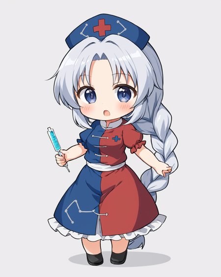 yagokoro eirin,1girl, solo, nurse_cap, chibi, syringe, white_background, red_cross, simple_background, single_braid, red_dress, full_body, looking_at_viewer, holding, open_mouth, blush, standing, blue_dress, short_sleeves, hair_bow, multicolored_dress, black_footwear
<lora:yagokoro_eirin_image2417_2023-12-20-000010:1>,star-shaped_pupils,symbol-shaped_pupils,. gorgeous,key visual, vibrant, studio anime,award-winning, professional, highly detailed,high budget, cinemascope