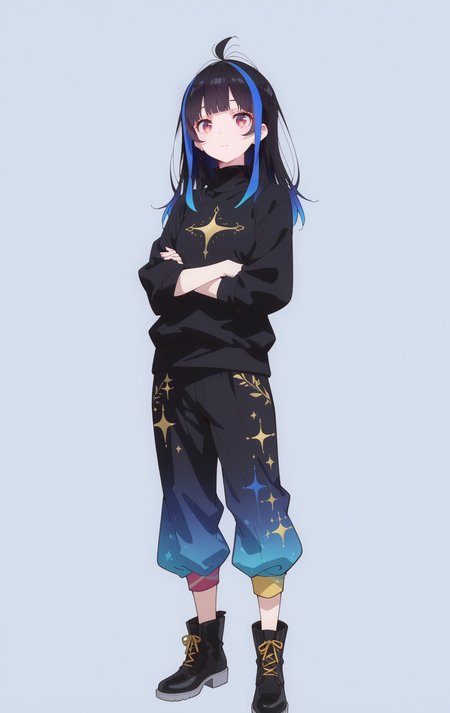 masterpiece,best quality,newest,absurdres,highres,
front view,full_shot,Contentment,looking_at_viewer,
<lora:YaemoriMiniCYQL:1>,YaemoriMiniCYQL,1girl,solo,black hair,blue hair,long hair,blunt bangs,antenna hair,streaked hair,multicolored hair,red eyes,Colorful patchwork pants, turtleneck, ankle boots,
full body,standing,arms_crossed,,
darkgray background,simple background,
<lora:USNR STYLE_XL_loha:0.45>,usnr,<lora:MGE_V5.3:0.6>,<lora:GBF_Illustrious:0.4>,gbf_style,<lora:748cmSDXL:0.8>,748cmstyle,<lora:ponyv5_noobV065S_1_adamW:0.7>,