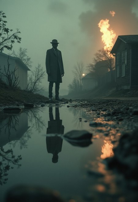 "A grainy, raw photo of a burning village reflected in a puddle, upside-down and distorted, pastel flames licking the edges, a zombie-like figure drifting through the mist, captured in a hazy, surreal moment." cinematic_1940s cinematic_octane