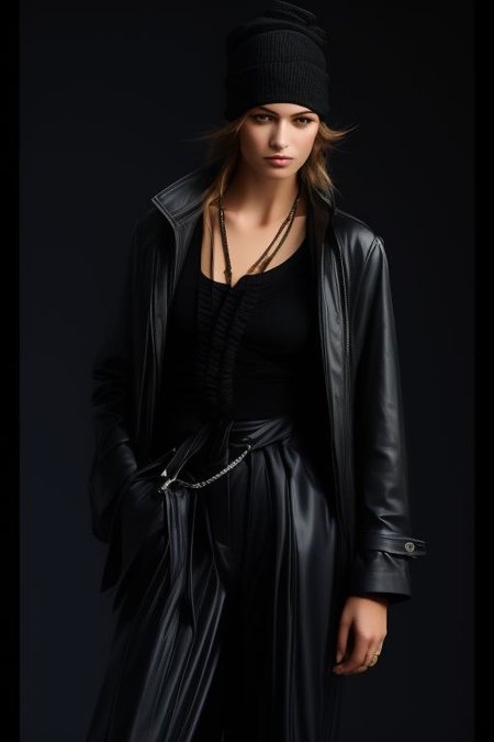 masterpiece,best quality,ultra_detailed, bellissima , dark background, 1girl wearing a white collared shirt, black pants, beanie, black coat, chain necklace,  Armani style, hand on hip, realistic, fashion, cowboy shot, by annie leibovitz