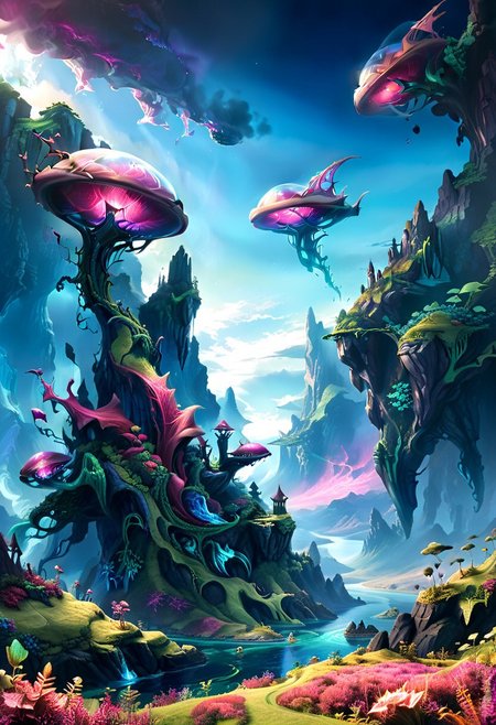 Hyper-realistic alien landscape featuring a vast crystal forest with towering, a greenish coloring of plant life and large hills and smallish mountains like the Scottish highlands. . castle, The sky is a swirling mix of deep indigo and bright magenta, with two suns setting on the horizon. bioluminescent plants line the riverbanks.A flying ship, is flying high up in the sky Extreme detail, 8K resolution, photorealistic textures, cinematic lighting, depth of field.