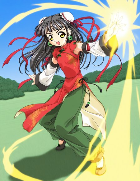 general,highres, ultra-detailed,very aesthetic,best quality ,best hands,  BREAK <lora:Kounyan_Spiral_NAMI_IS:1>Kounyan, black hair, long hair, double bun, hair bun, bun cover, yellow eyes, ribbon, earrings, flat chest, green jewelry,
1girl, solo, chinese clothes, china dress, red dress,  open mouth, long hair, smile, detached sleeves, green China pants, chibi,
grass, blue sky, aura, aura effect, spark,