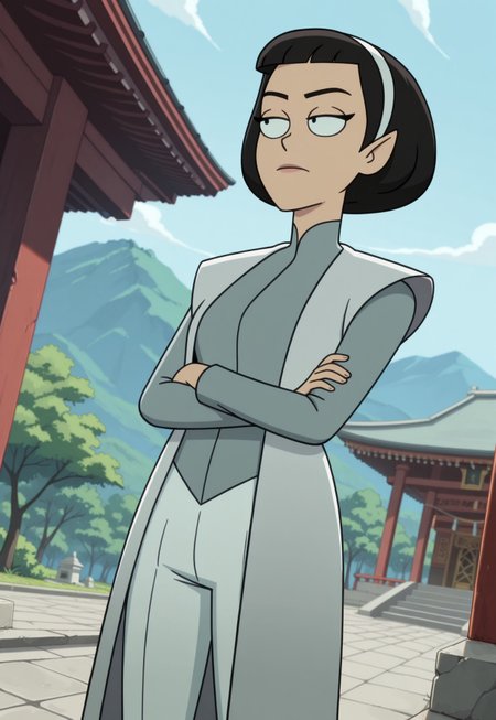  masterpiece, high quality, BREAK, dynamic angle, 1girl, solo, tlynstld, pointy ears, short hair, black hair, sleeveless coat, white pants, white hairband, turtleneck, arms crossed, detailed scenery, temple