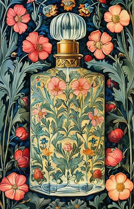 masterpiece,best quality,<lora:tbh192-sdxl:0.9>,illustration,style of William Morris A bottle of perfume in garden