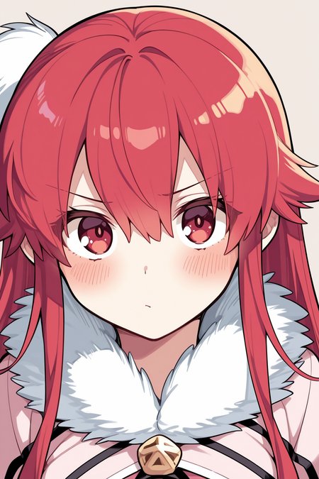 {{masterpiece,best quality,amazing quality}},
BREAK
1girl, solo, portrait, upper body, looking at viewer, simple background, red hair, long hair, hair between eyes, blush, red eyes, sidelocks, fur trim
 <lora:Kishida_Koara_Style:1>