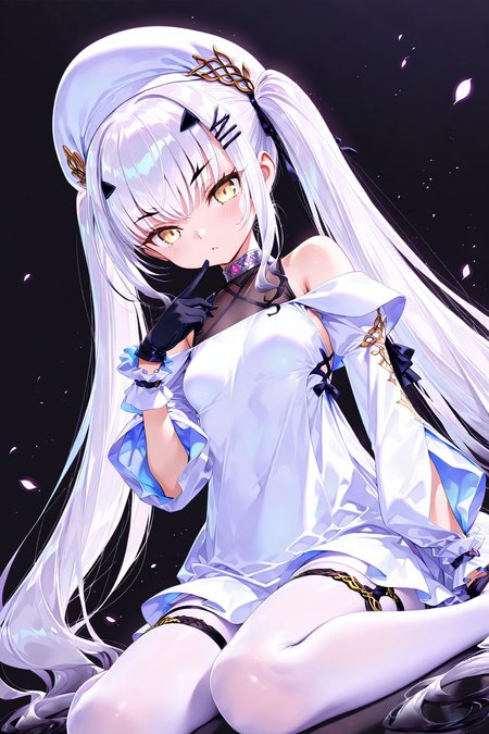 melusine \(Spiritron Dress\) \(fate\),1girl,gloves,black gloves,dress,long hair,white dress,solo,pantyhose,twintails,hat,looking at viewer,white pantyhose,bangs,hair ornament,white hair,hairclip,very long hair,white headwear,yellow eyes,<lora:melusine2 (Spiritron Dress) (fate):0.8>,(black background:1.2),upper_body,dynamic_angle,wariza,, masterpiece,best quality,amazing quality,