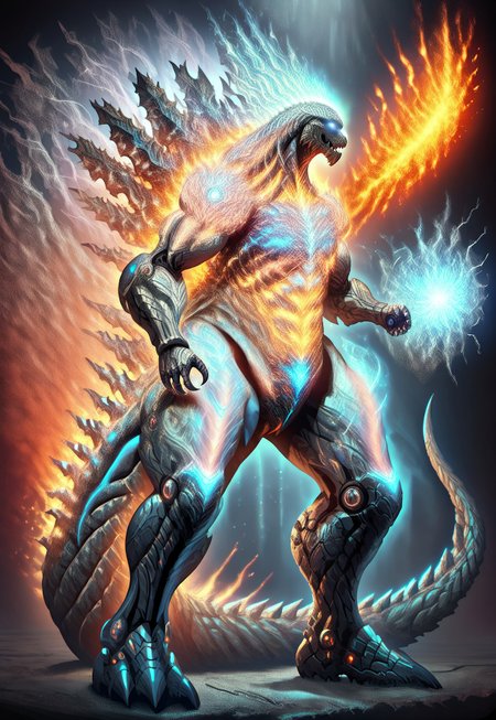 ([masterpiece, best quality, high resolution], score_9, score_8_up, score_7_up, score_6_up, fire, sparks, colorful, electricity, <lora:fflix_inlight:0.75>), (simple background, ulblackholetech, crystaltech, magic fog, excessive energy, scifi, ral-dstgrtptrn, cmth, fflix_inlight, ral-sprnva), (uncensored, (full body), horns, solo, detailed face, 1other, silver eyes, silver eye trail, glowing eyes), (neck tattoo, arm tattoo, leg tattoo, mechanical arms, giant mechanical arms, mecha musume, mechanical tail, muscular body, bulky torso, muscular arms, long arms, long legs, intricate glowing aether tattoos, runemagic), (red theme, anthro, alien, monster, kaiju, horn, spikes, bone, red eyes, no pupils, black body, white body, two tone body, exoskeleton, shin_godzilla, godzilla_earth, glowing veins, glowing body), (fiery patterns, fire elemental spirit, magmatic explosion, smoke, stardust, golden milky way, magic fog, lumina, mystical, multicolored, glowing, magic swirling, glowing magical energy)