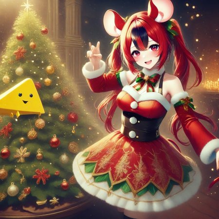 An illustration of mouse girl wear christmas clothes take a giant cheese