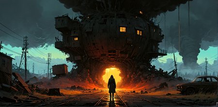 <lora:zavy-cntrst-sdxl:1.3> Panoramic shot, Envision a piece of art that combines the dark, gritty atmospheres of Oliver Barrett, Simon Stalenhag with the vibrant, dynamic styles of Ian McQue, Nico Delort to create a sense of wonder and enchantment, inspired by the imaginative styles of Ash Thorp, Samuel Araya. <lora:add-detail-xl:1.5><lora:Consistency Corrector XL:0.4>