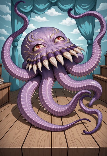Whimsical, storybook-inspired folk art with flowing, dreamlike details. 8-tentacled purple octopus, stage background
