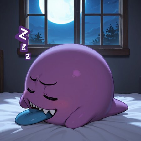 2d, solo, Boo,  dark boo, feral, Ghost, Ball ghost, purple body, legless, featureless hands, black eyes, no sclera, sharp teeth, blue tongue, tongue out, 
BREAK indoors, on bed, eyes closed, ZZZ, night, window, moonlight, dark environment 
BREAK best quality, amazing quality, very aesthetic, absurdres, newest, masterpiece, high quality