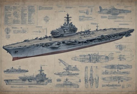 construction plan with blue thin lines for a huge aircraft carrier sketch style high def,  with instructions and descrption of each parts