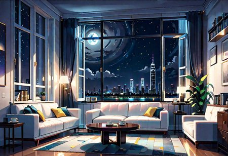 ((front view)), Shallow scene, ((animation style)), modern-style interior, with white walls, (large windows), a  study, Sofa, coffee table, bookcase, single wall, (gloomy room), Turn off the indoor lights , quiet and mysterious night sky, starry sky, moonlight, city night view, (City high-rise building scenery), (City scenery outside the window)