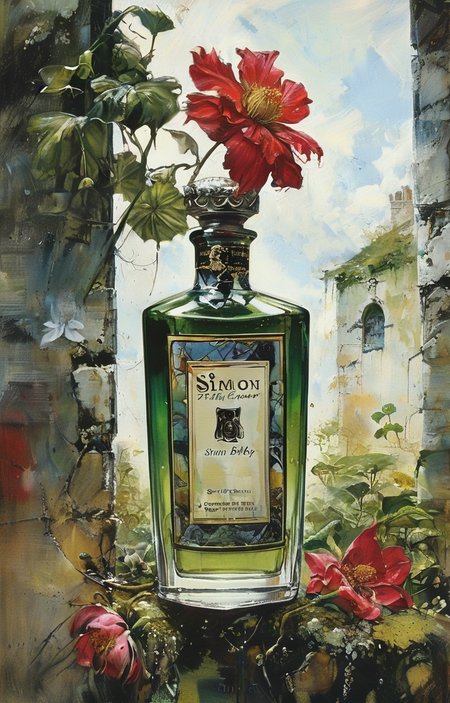 masterpiece,best quality,<lora:tbh233-sdxl:0.9>,illustration,style of Simon Bisley A bottle of perfume in garden