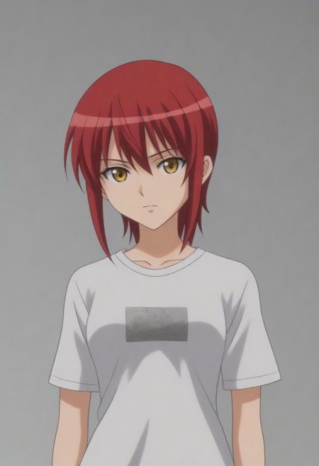 source_anime, anime screencap, source_anime, auratheguillotine, anime screencap, masterpiece, source_anime, shiny skin,,,,,,black t-shirt,1girl, solo, rza, red hair, yellow eyes,