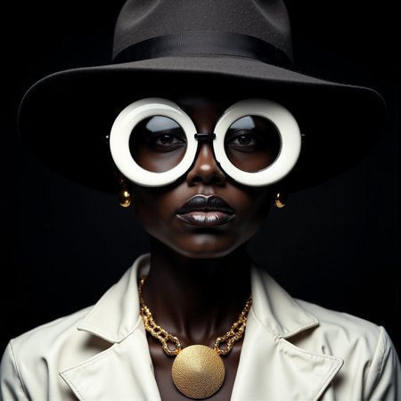 This is a high-resolution, black-and-white photograph of a person with dark skin, wearing a dark, fedora-style hat. The hat has a black band that wraps around the crown, adding a touch of elegance. The person's face is centrally positioned, with oversized, white, circular glasses that dominate the image. The glasses are mounted on a black frame that rests on the nose and ears, giving a futuristic, aviator-like appearance. The person's lips are painted a glossy, dark shade, and their expression is neutral. 
Around their neck, they wear a gold necklace with a large, circular pendant that has a textured, almost tribal design. The background is a deep, dark black, which contrasts sharply with the white elements of the outfit, creating a dramatic effect. The lighting is soft and even, casting subtle shadows that enhance the textures of the hat and glasses. The overall aesthetic is modern and edgy, with a touch of vintage style, suggesting a blend of contemporary and retro fashion. The image captures a sense of mystery and sophistication, with a focus on the person's unique accessories and the contrast between light and dark elements.aidmaMJ6.1