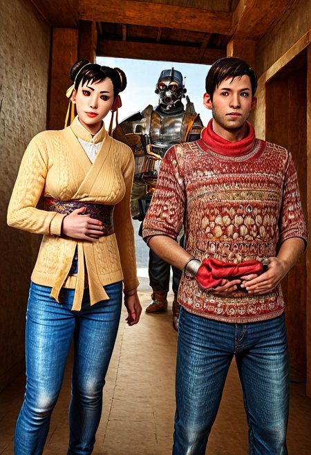 1 girl, 1 boy, Alyx Vance, half life, detailed, 1girl, chun-li, two buns, jeans, sweater, kimono, Gordon Freeman, brown eyes