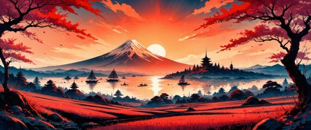 Classical Japanese landscape sunset with dramatic ukiyo-e woodblock print aesthetics. Vivid vermilion and indigo gradients wash across rice paddies reflecting brilliant light patterns. Mount Fuji silhouette looms majestically against stratified clouds illuminated by golden hour rays. Traditional fishing boats scattered across a distant bay, their forms simplified into elegant curves. Cherry blossoms frame the foreground, petals catching sunset light. Meticulous fine linework defines architectural elements of distant temples and torii gates. Atmospheric perspective creates depth through subtle color diminishment. Textural details emulate traditional handmade paper and woodgrain impressions. Historical period-accurate elements with dreamlike hypersaturated color palette. Masterful balance of negative space with detailed focal points. 8K ultra-detailed rendering with authentic brushstroke textures and traditional pigment granulation effects. Evokes contemplative tranquility through refined compositional harmony. <lora:Vintage comic book:0.6> <lora:aidmaInkStyle-FLUX-V0.1:0.5> <lora:Niji B:0.3> <lora:artisketchyfs-v02:0.4> <lora:Organic Sauce - FLUX:0.5> <lora:flux_dev:1>