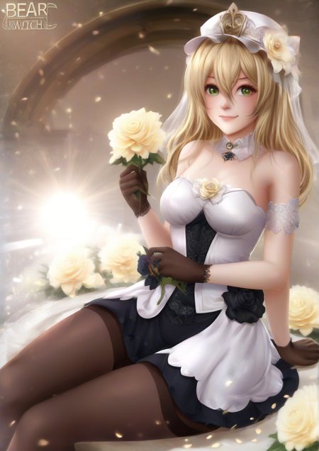 1girl, sakurai momoka, furry female, bare shoulders, black flower, black rose, black skirt, blonde hair, brown gloves, brown pantyhose, closed mouth, dress, flower, gloves, green eyes, hair between eyes, hat, hat flower, holding, holding flower, looking at viewer, pantyhose, petals, rose, skirt, smile, solo, white dress, white flower, white headwear, white rose <lora:bearwitch:1>