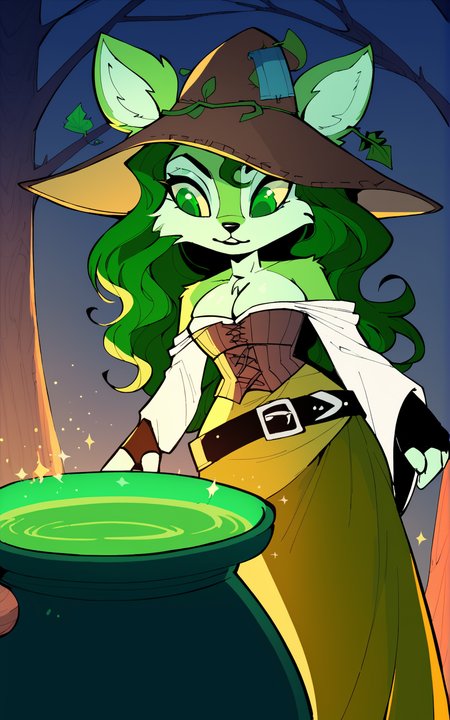 score_9, score_8_up, score_7_up,((best quality)), absurdres, <lora:BolivanteStyle:0.8>,   <lora:SSWPXL:0.8>,SSWPXL,long hair, skirt,dress, animal ears, cleavage, green eyes, green hair, belt, wide sleeves, leaf,furry, long skirt, furry female, brown headwear, witch hat, ears through headwear, green fur, animal nose, corset, bare shoulders, long sleeves ,wavy hair,gloves, fingerless gloves,forest, night, magic, cauldron